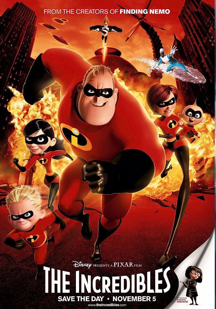 The Incredibles movie poster with Edna peeling back the lower corner