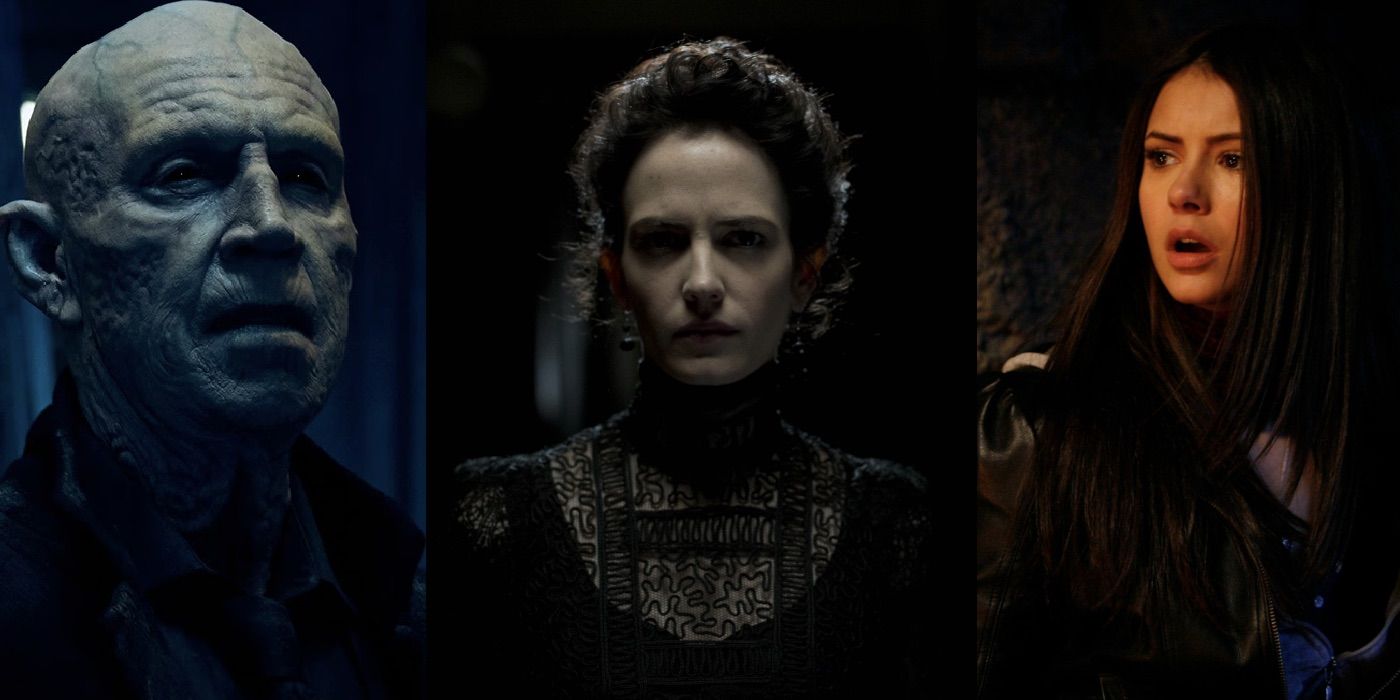 A split image showing The Master from The Strain, Vanessa Ives from Penny Dreadful, and Elena Gilbert from The Vampire Diaries