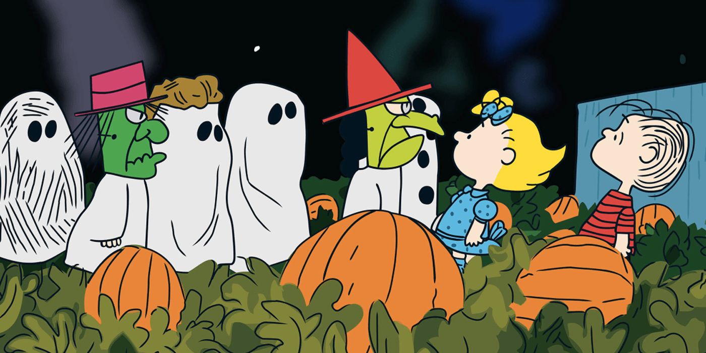 The Peanuts gang judges Linus in the pumpkin patch on Halloween night