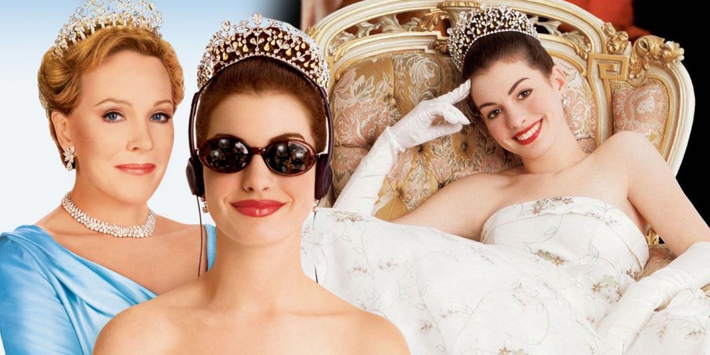 Split: poster featuring Julie Andrews and Anne Hathaway in The Princess Diaries; Mia in full princess regalia