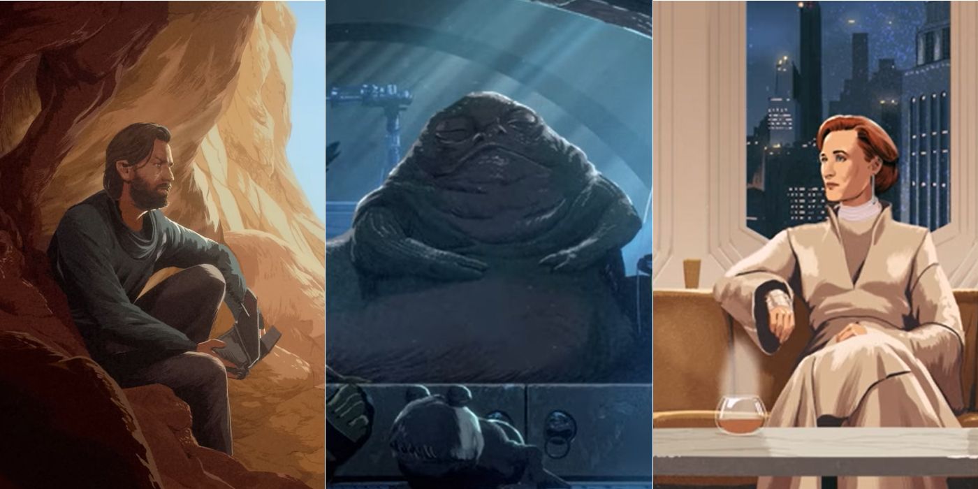 Three Star Wars images featuring Obi-Wan Kenobi, Jabba the Hutt, and Mon Mothma in quiet moments