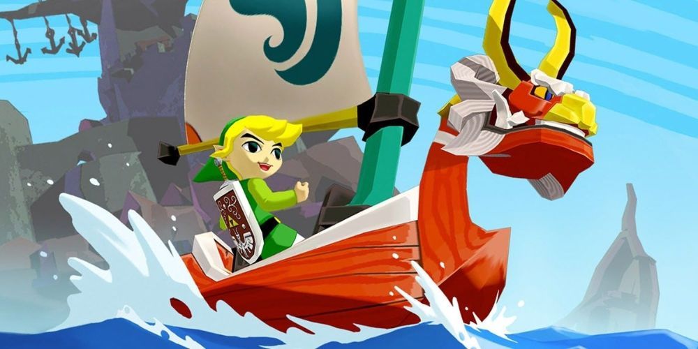 Link traveling the seas on his boat in the WInd Waker