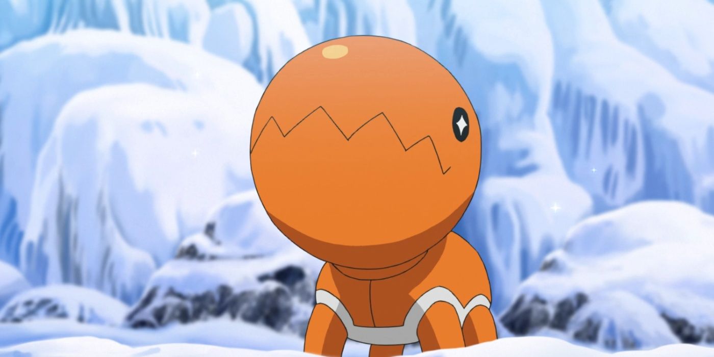 Trapinch standing in the snow in the Pokémon anime.