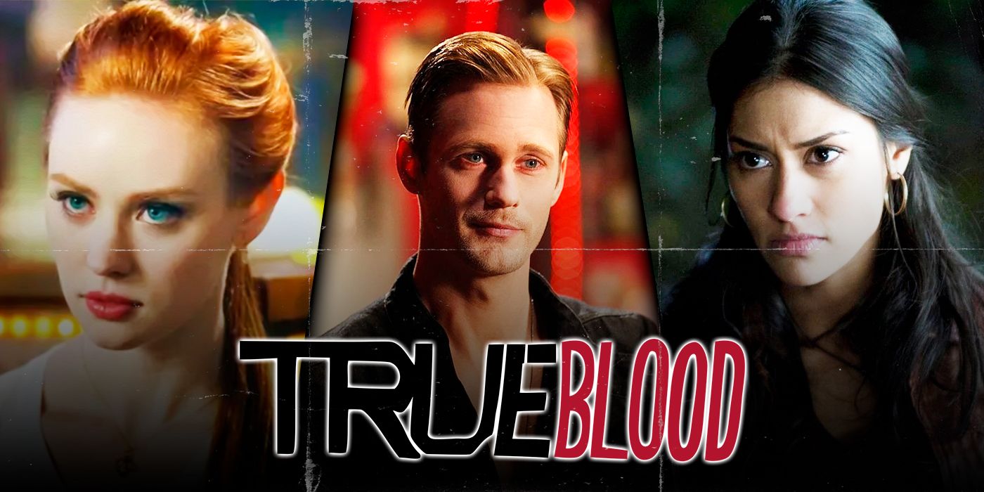 A collage of the True Blood logo and Jessica, Eric, and Luna.