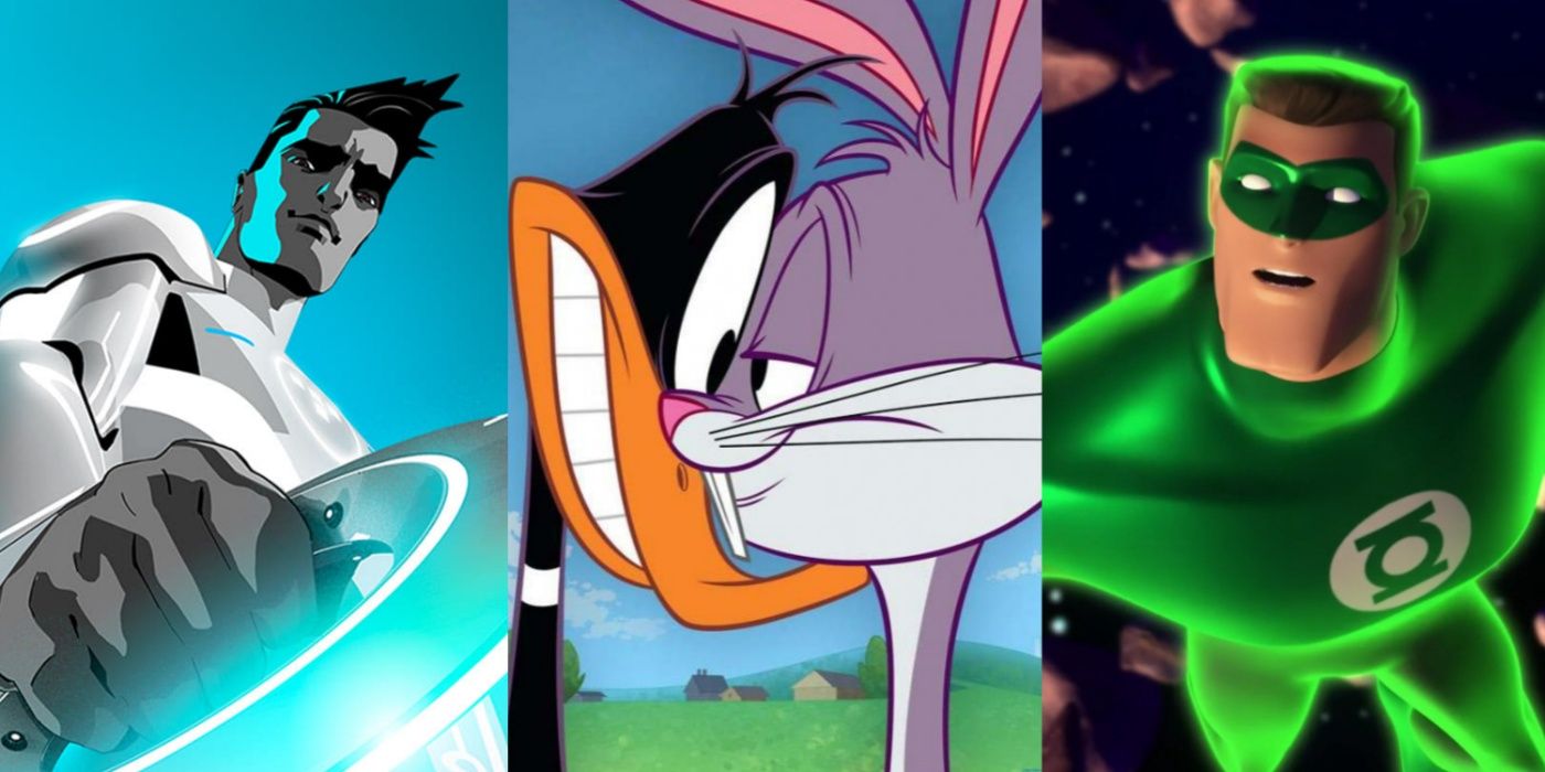 A split image of Beck from Tron: Uprising, Daffy & Bugs from The Looney Tunes Show, and Hal Jordan from Green Lantern: The Animated Series