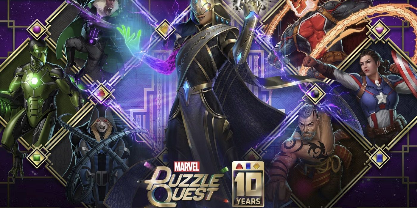 Key promotional art for Marvel Puzzle Quest's 10th anniversary event featuring the all-new villain Quandary.