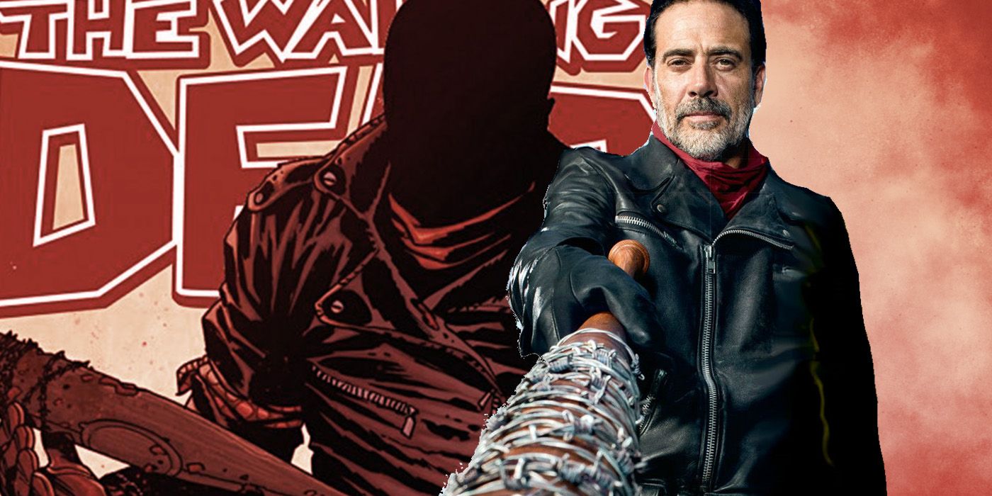 El cómic de The Walking Dead #100 y Negan con su bate de alambre de púas del programa de televisión.