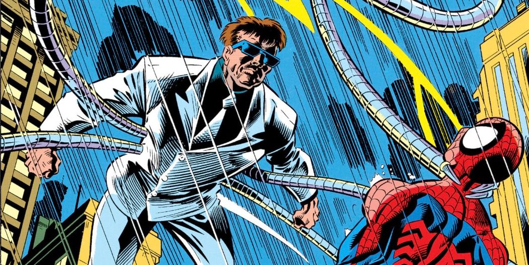 Doctor Octopus holds by the throat Spider-Man with a tentacle in Marvel Comics