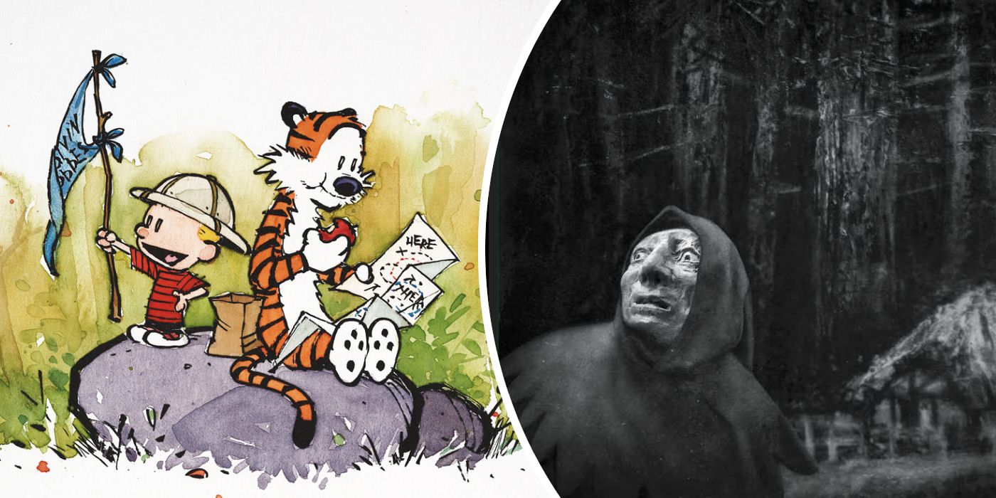 Art from Calvin and Hobbes next to an image from the cover of The Mysteries by Bill Watterson and John Kascht