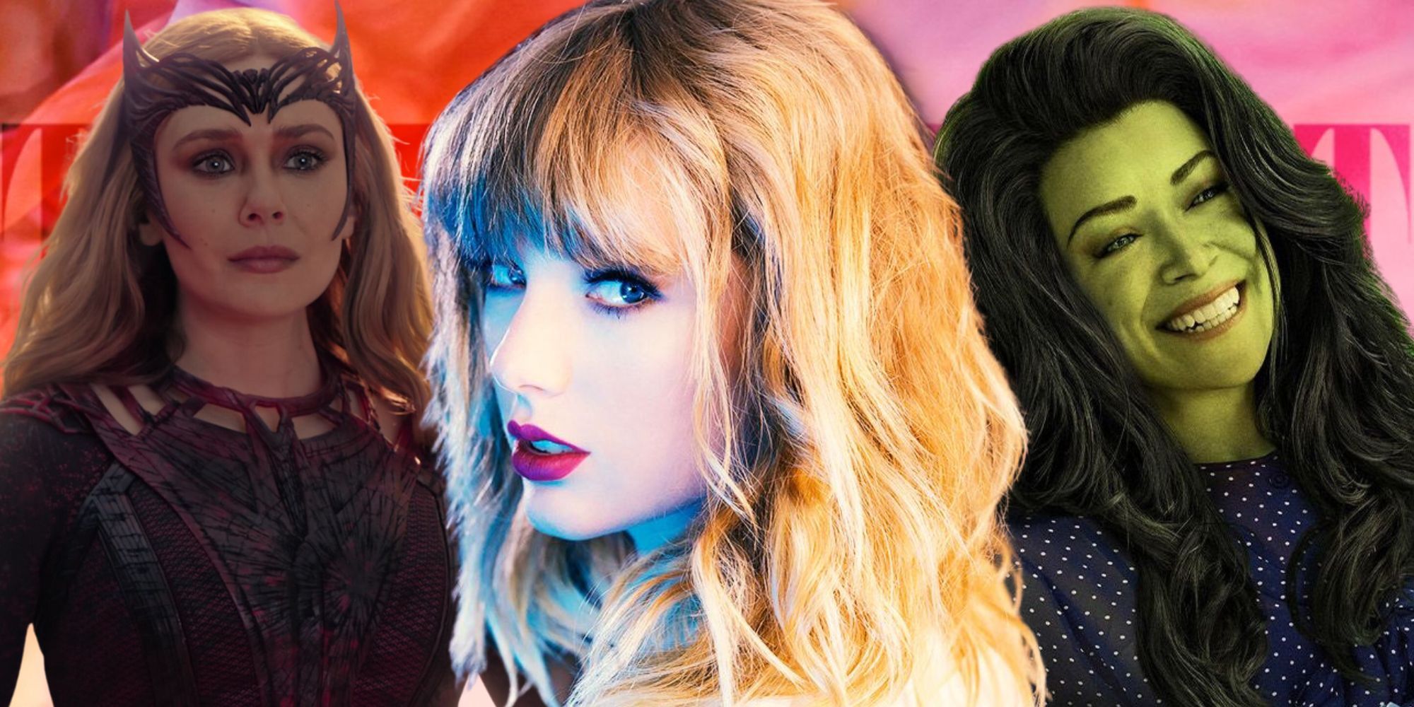 Composite image of MCU Scarlet Witch and She-Hulk and Taylor Swift 