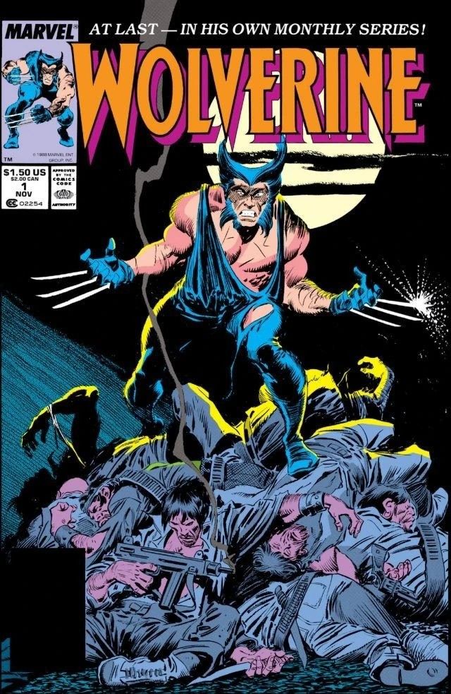 Wolverine sobre uma pilha de ninjas derrotados na capa de Wolverine (Vol. 2) #1