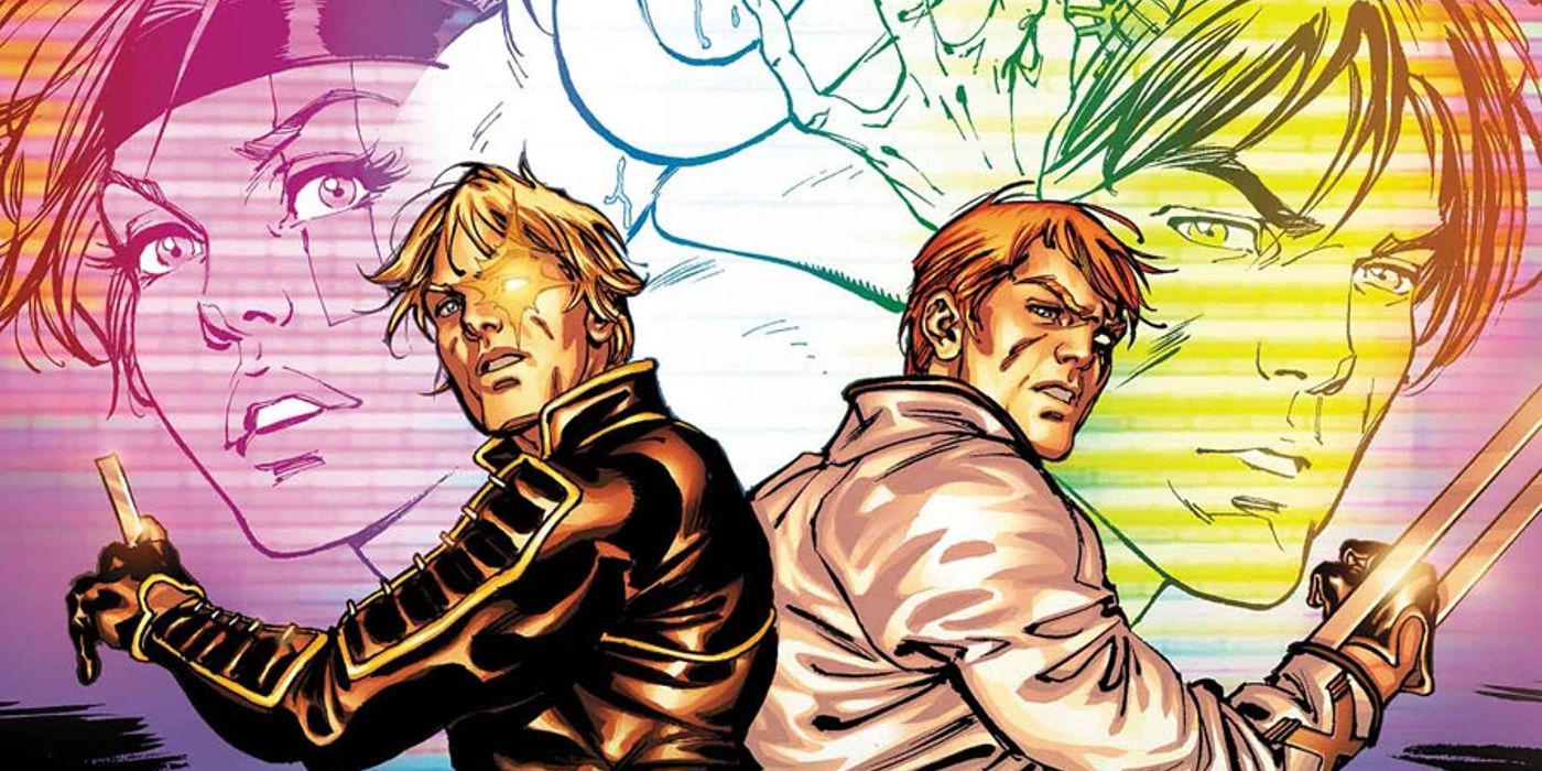 rictor and shatterstar back to back in front of visages of longshot and dazzler