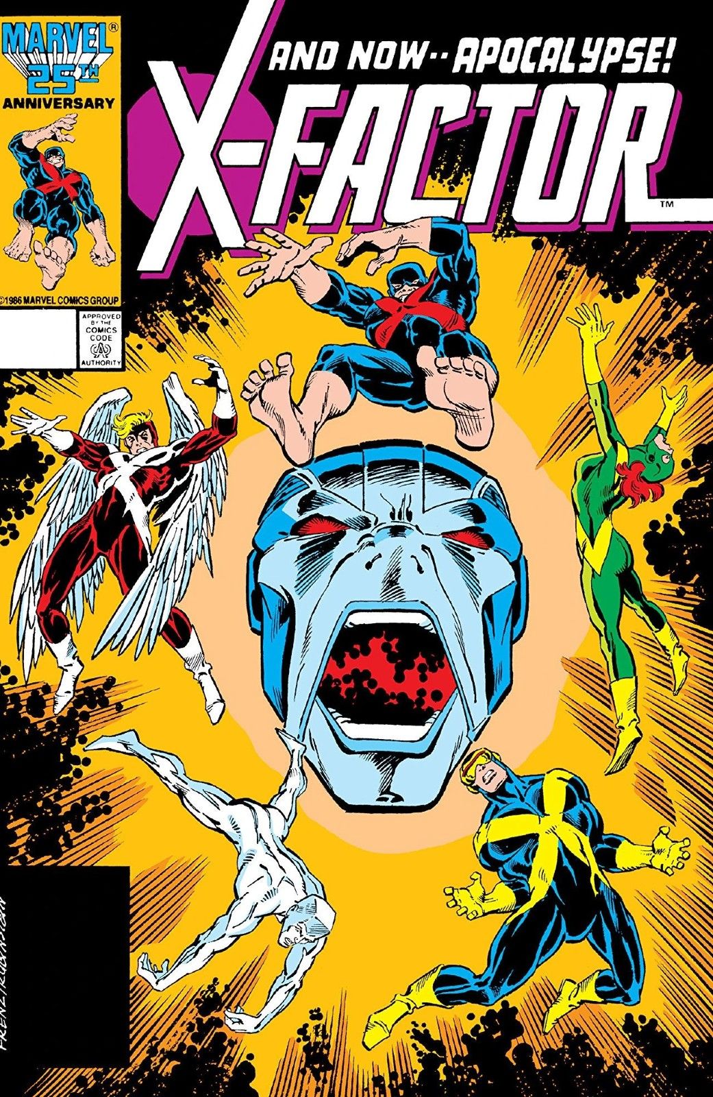 Os cinco X-Men originais sendo atacados por Apocalipse na capa do X-Factor (Vol. 1) #6