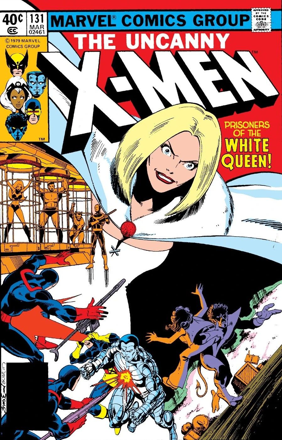 Uma imagem gigante de Emma Frost paira sobre os X-Men na capa de X-Men (Vol. 1) #131