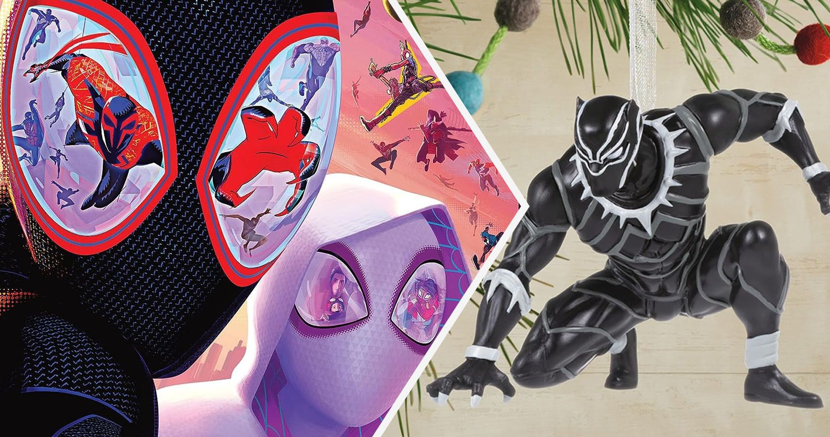 2 way split of Across the Spider-Verse cover close-up and Black Panther hallmark ornament
