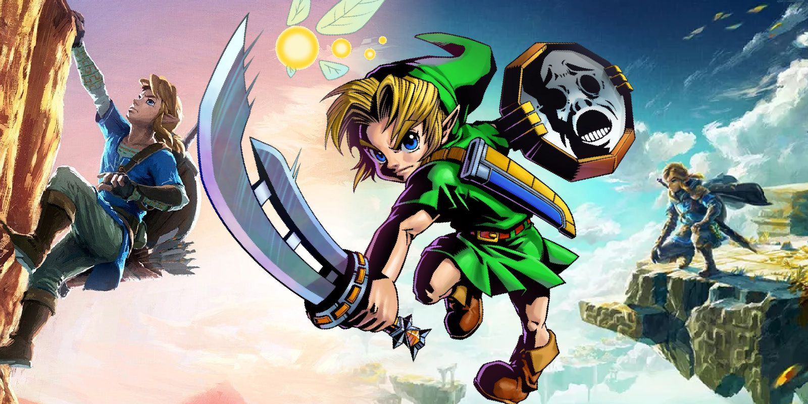 Majora’s Mask Link in front of Zelda breath of the wild and tears of the Kingdom art
