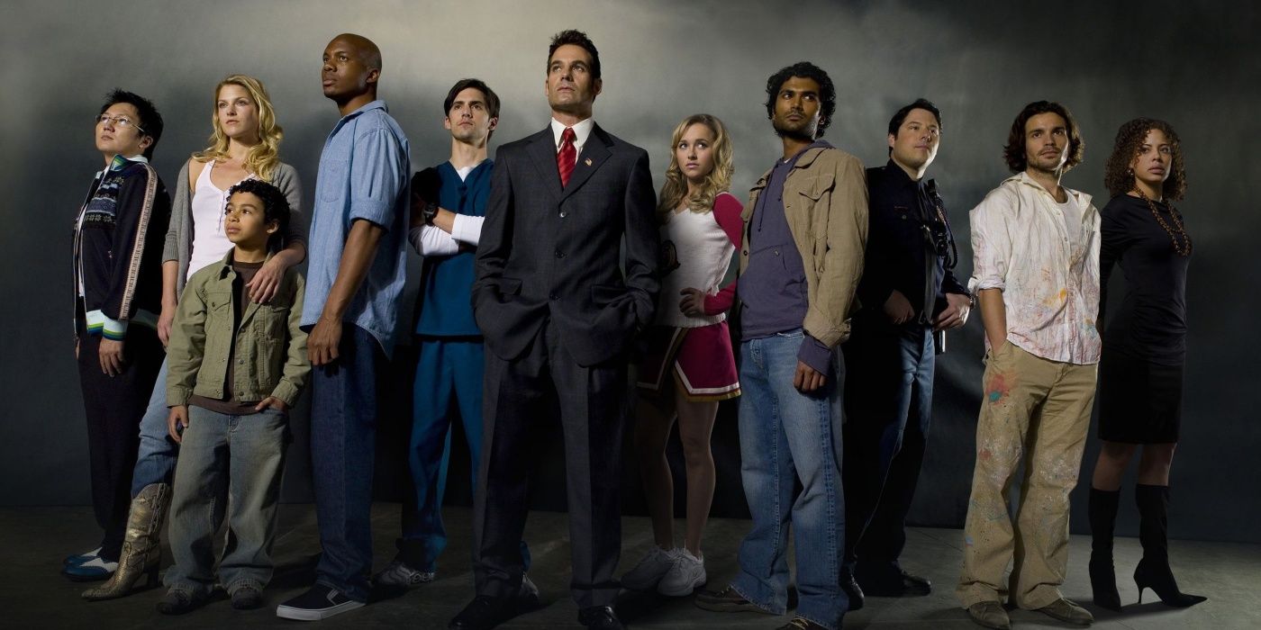A Heroes Season 1 poster features the central cast stood side by side