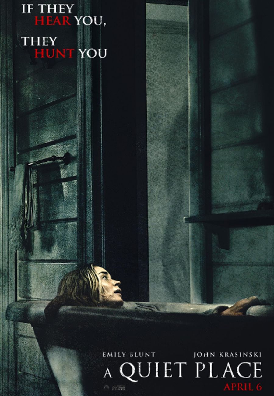 Um pôster do filme Quiet Place com Emily Blunt escondida em uma banheira