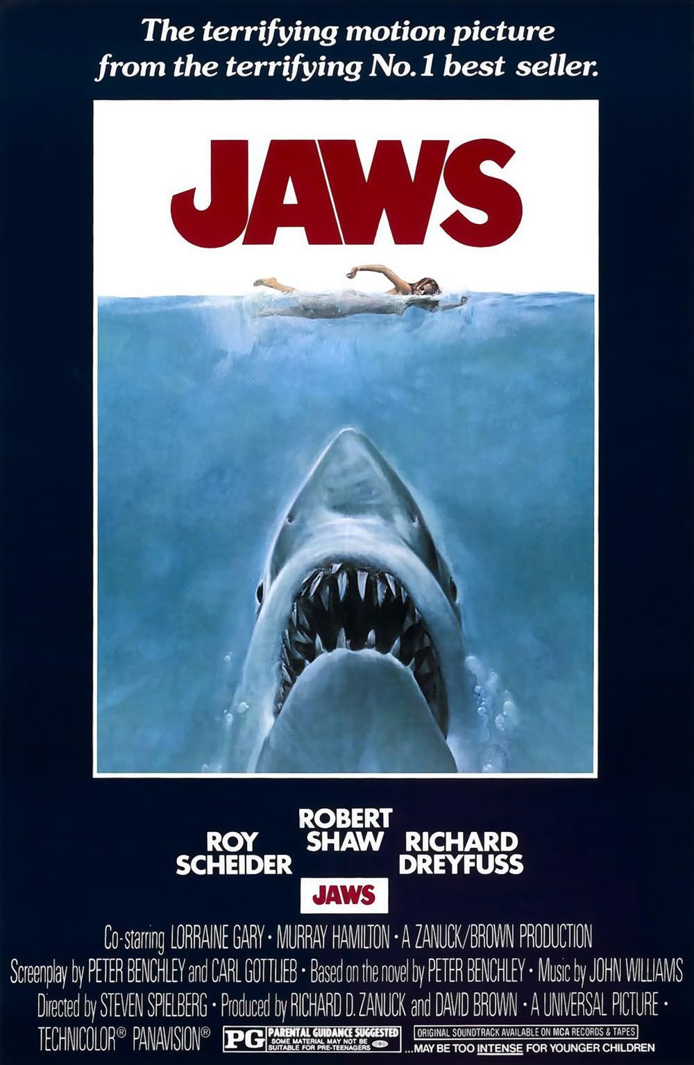 A Shark Sneaks Up on a Swimmer on the Jaws Poster