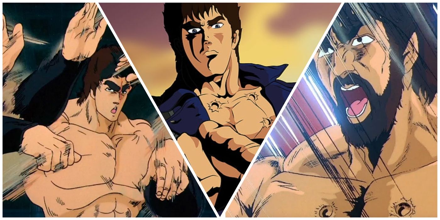 Kenshiro in various stages of battle in Fist of the North Star anime.