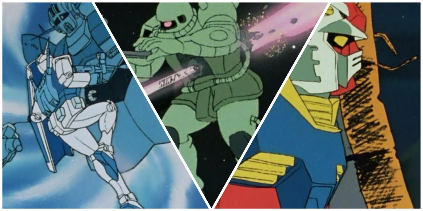 A split feature image of mecha battles from original Mobile Suit Gundam