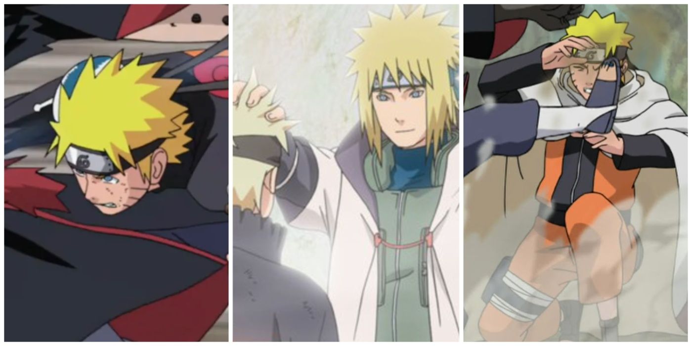 A split feature image of Naruto vs Pain, Naruto with his father, and Naruto vs Obito from Naruto