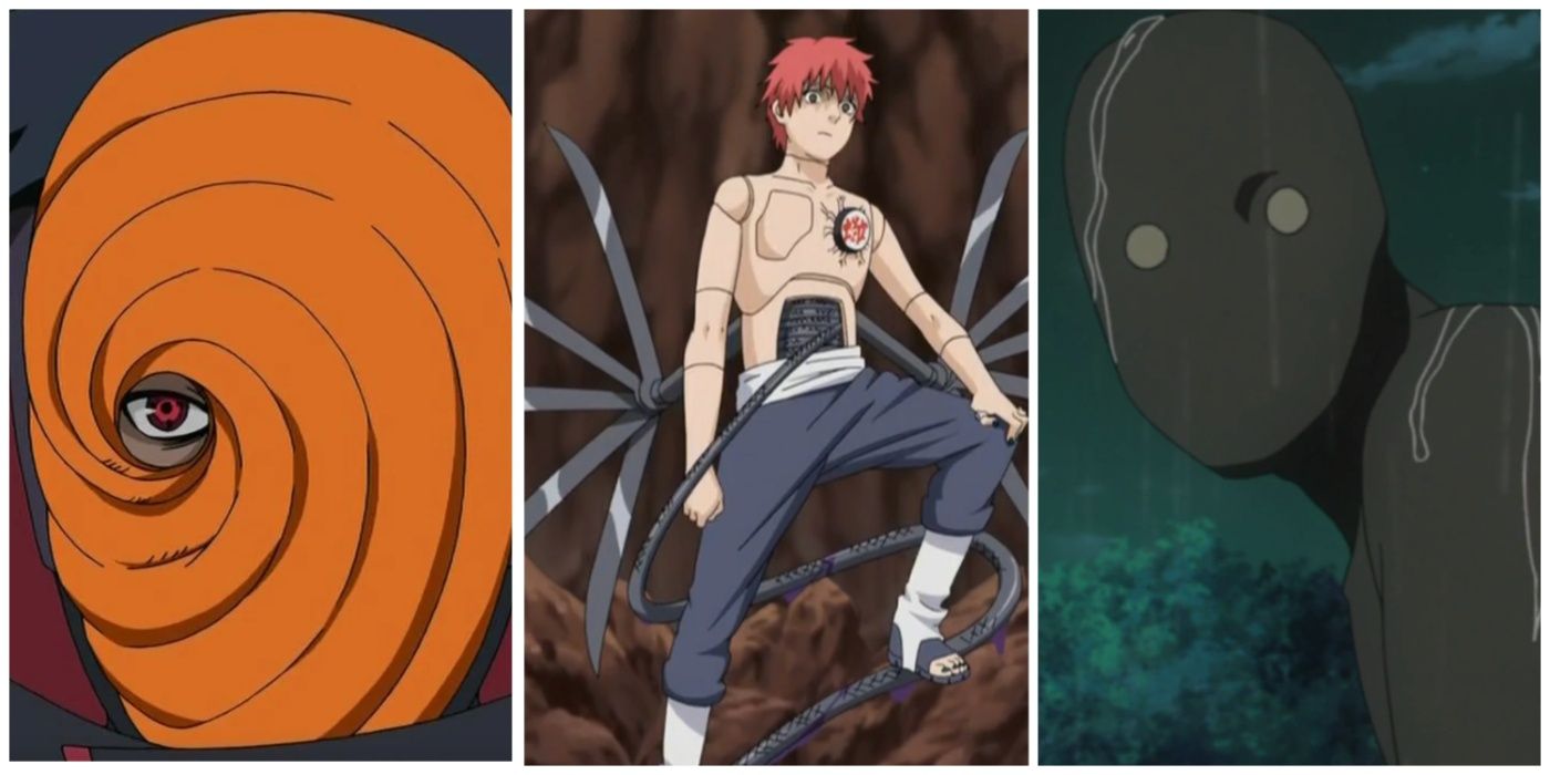 A split feature image of Obito, Sasori, and Black Zetsu from Naruto anime