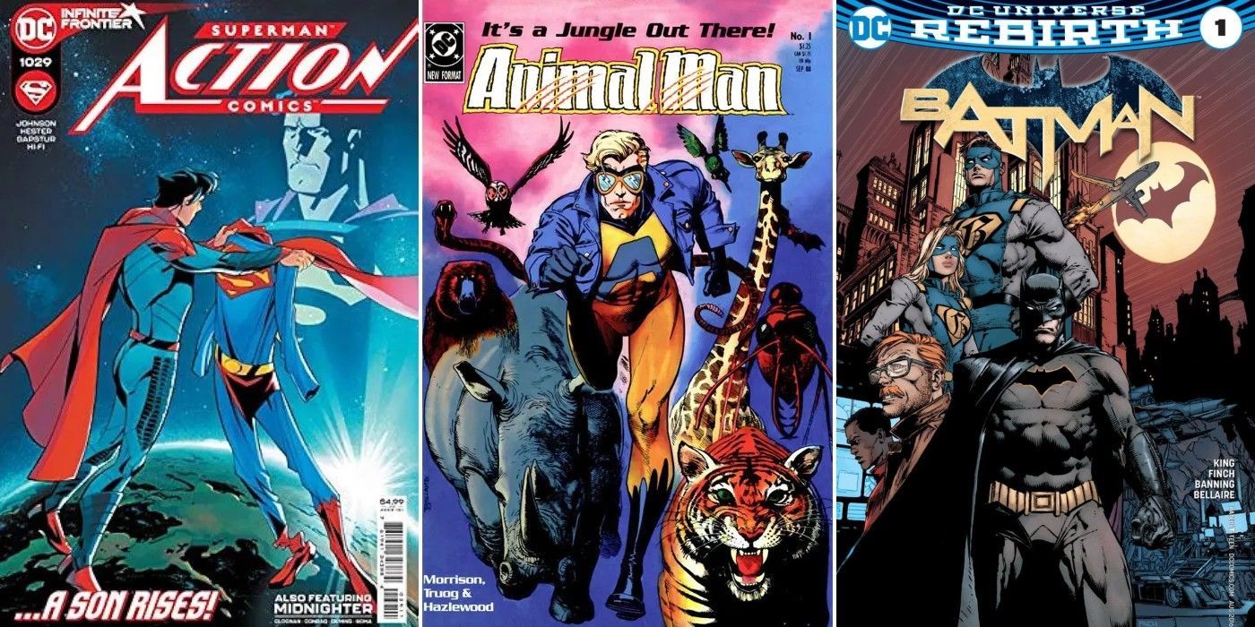 A split image of Action Comics #1029, Animal Man #1, and Batman (Vol. 3) #1