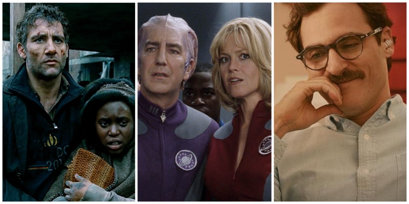 A split image of Children of Men, Galaxy Quest, and Her sci-fi movies