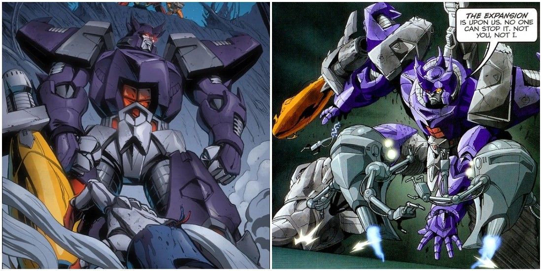 Galvatron em pé sobre um oponente derrotado e Galvatron pronto para atacar nos quadrinhos dos Transformers