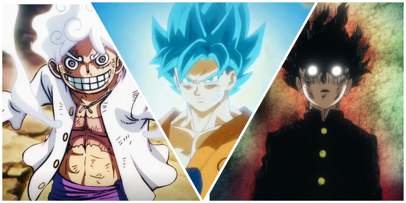 Gear 5 Luffy from One Piece, SS Blue Goku from Dragon Ball, and Mob from Mob Psycho 100