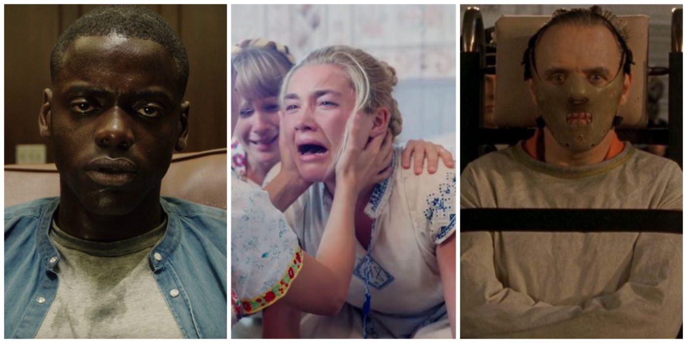 A split image of Get Out, Midsommar, and Silence of the Lambs horror films