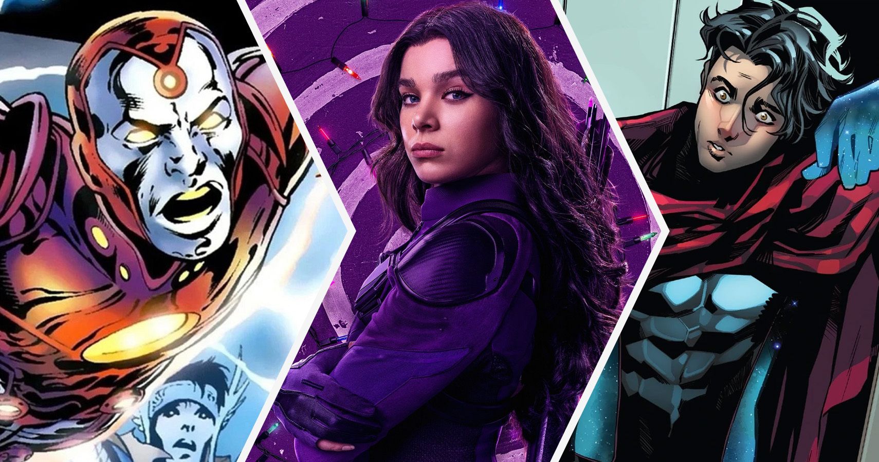 A split image of Iron Lad, Hawkeye (Kate Bishop) from the MCU, and Wiccan from Marvel Comics
