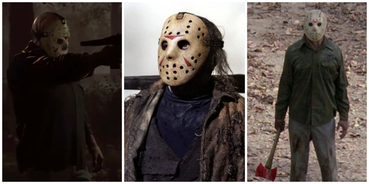 A split image of Jason Voorhees with different weapons in Friday the 13th movies