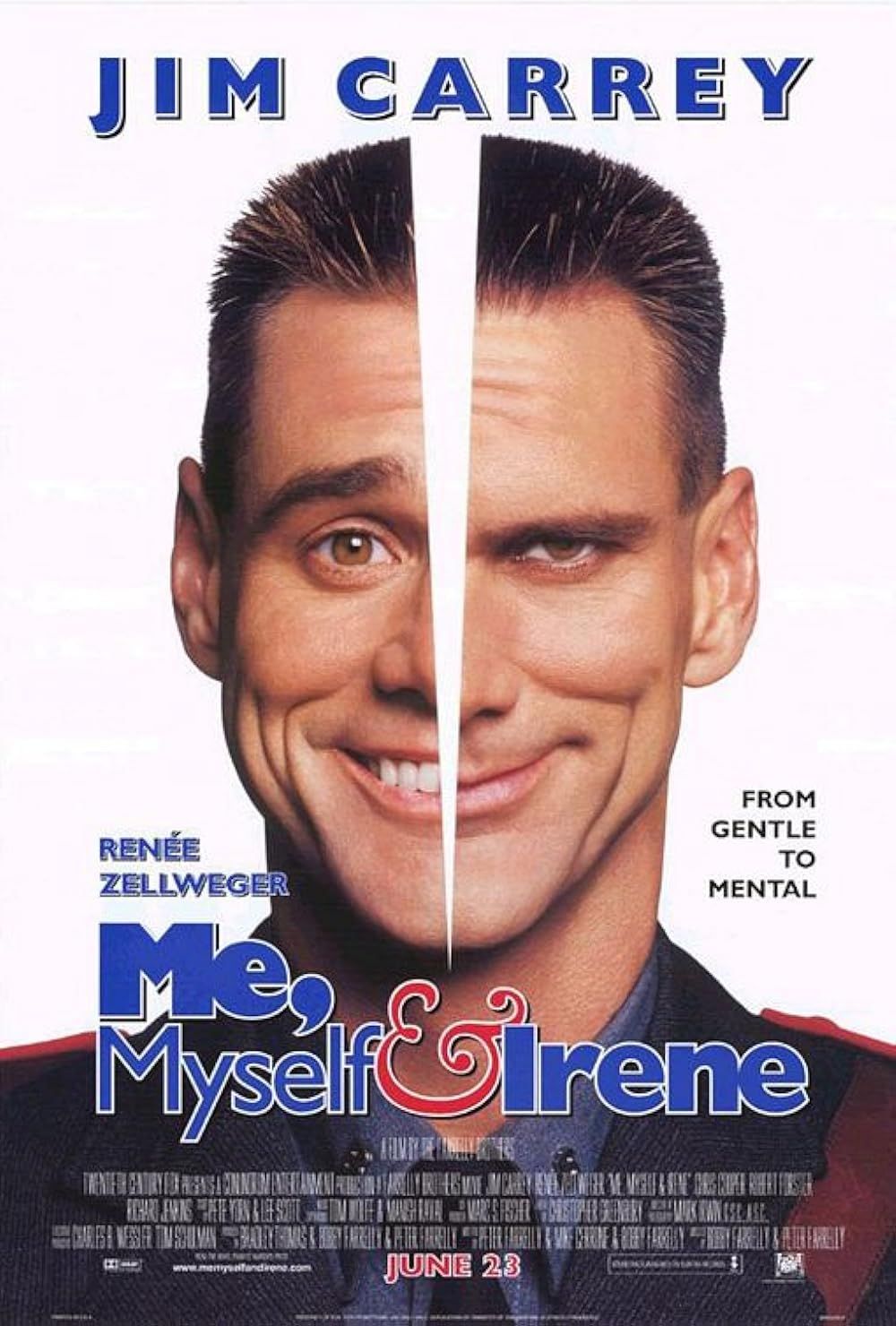 A Split Image of Jim Carrey's face on Me, Myself and Irene Poster