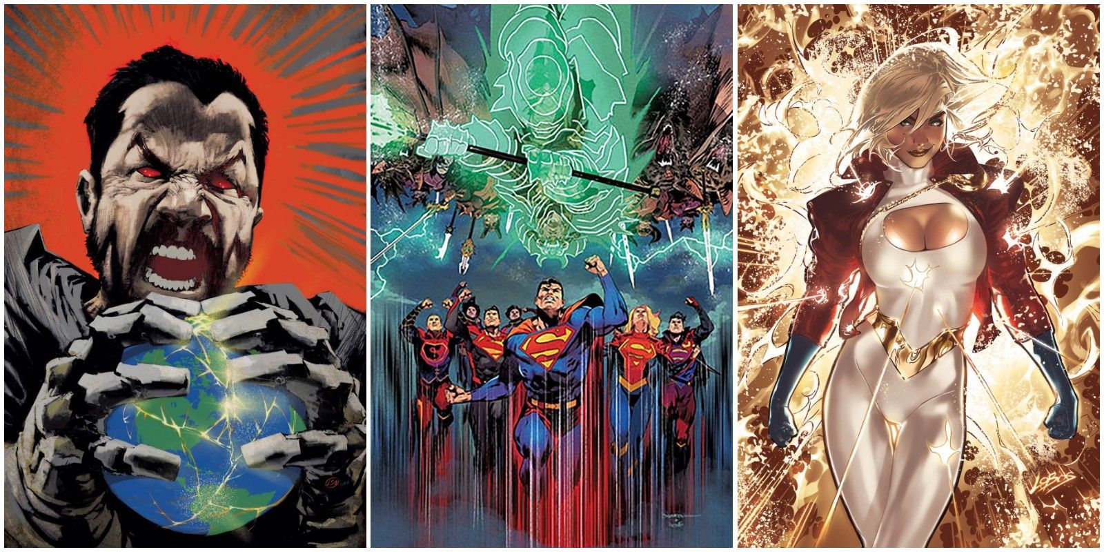 A split image of Kneel Before Zod, Action Comics 2023 Annual, and Power Girl Uncovered