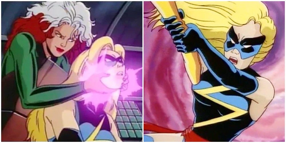 A split image of Rogue draining Ms. Marvel's powers and of Ms. Marvel fighting in X-Men TAS