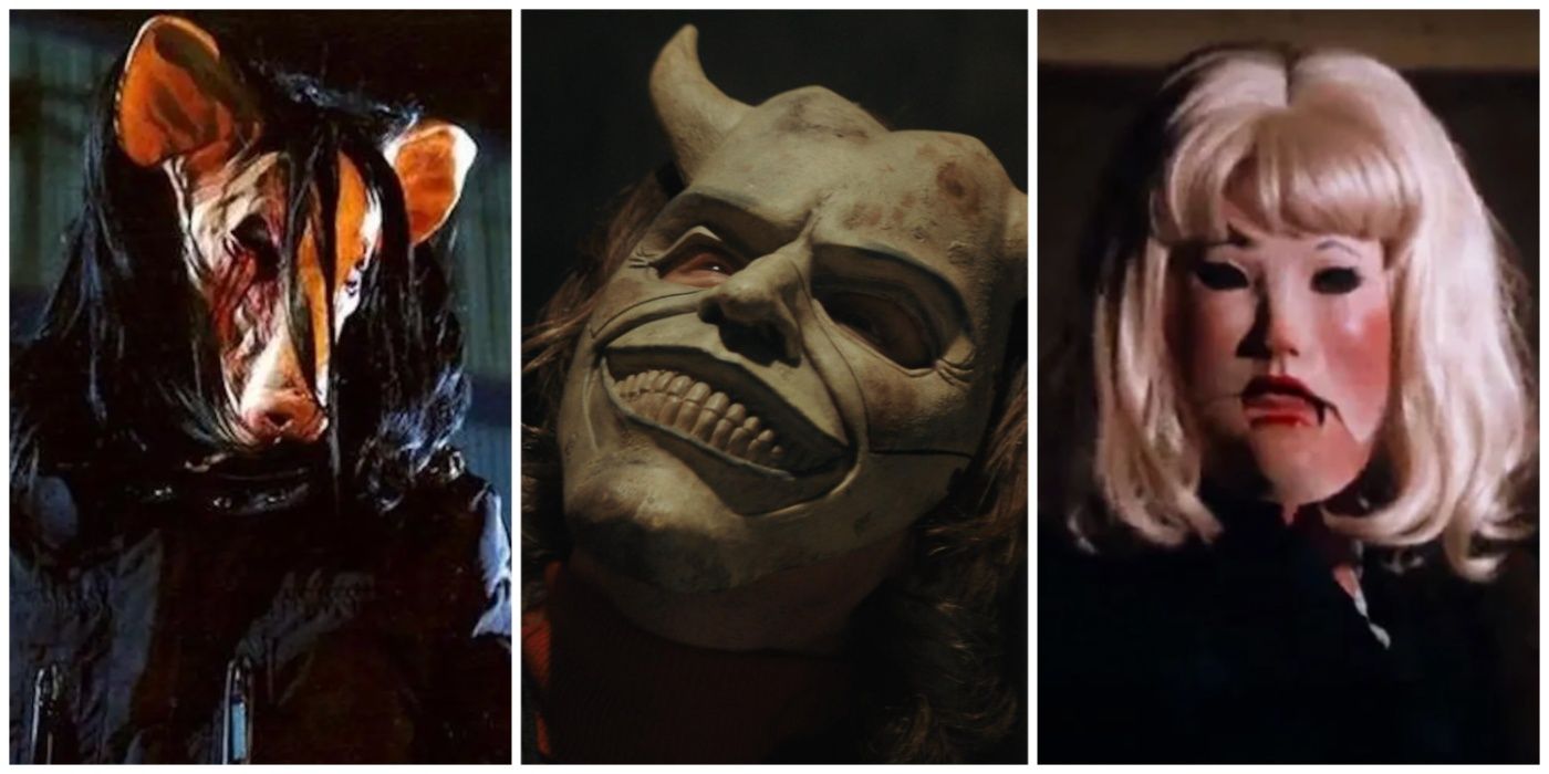 A split image of the masks from Saw, The Black Phone, and Tourist Trap horror movies