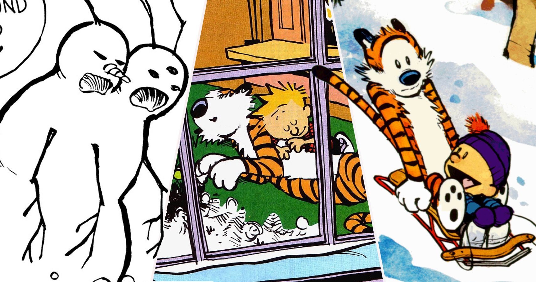 A split image of Calvin's angry snowmen, Calvin and Hobbes napping, and Calvin and Hobbes sledding