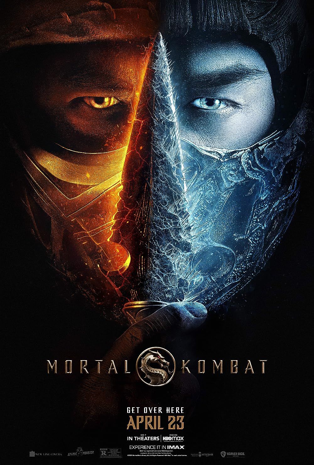 A split screen of Scorpion and Sub Zero's faces from the Mortal Kombat 2021 movie poster
