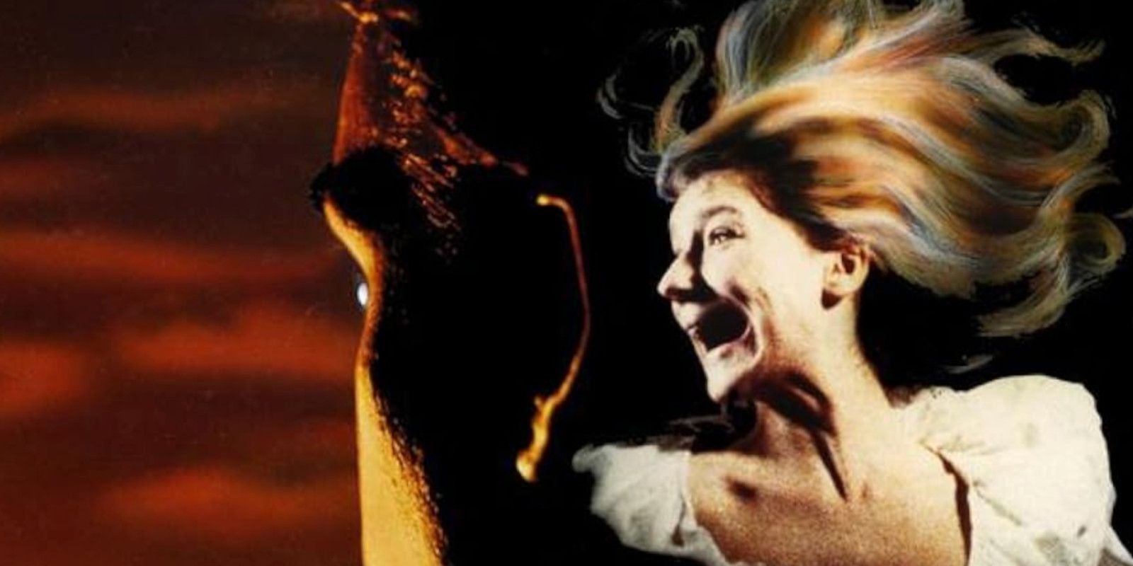 Uma mulher gritando contra a silhueta de um homem na capa de Berenice, de George Mourier