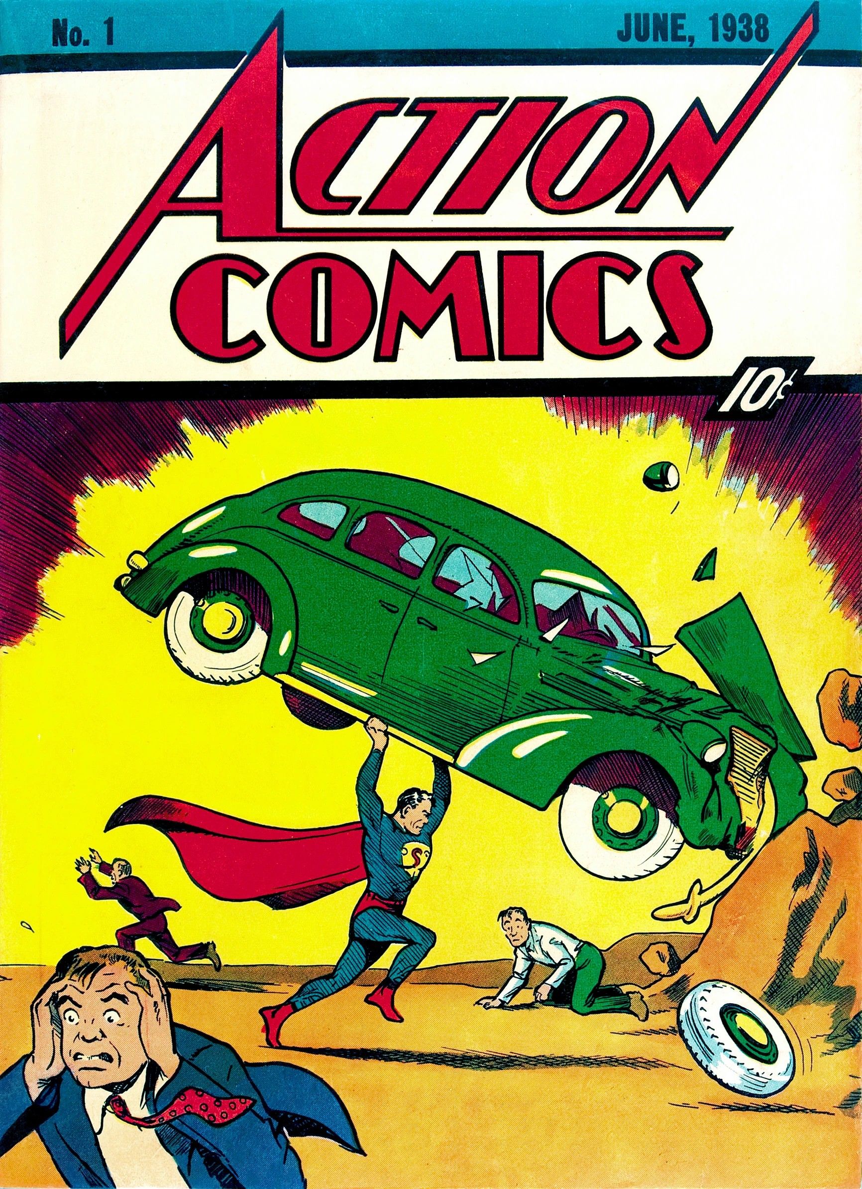 Superman lifting a car above his head on the cover of Action Comics #1 by DC Comics