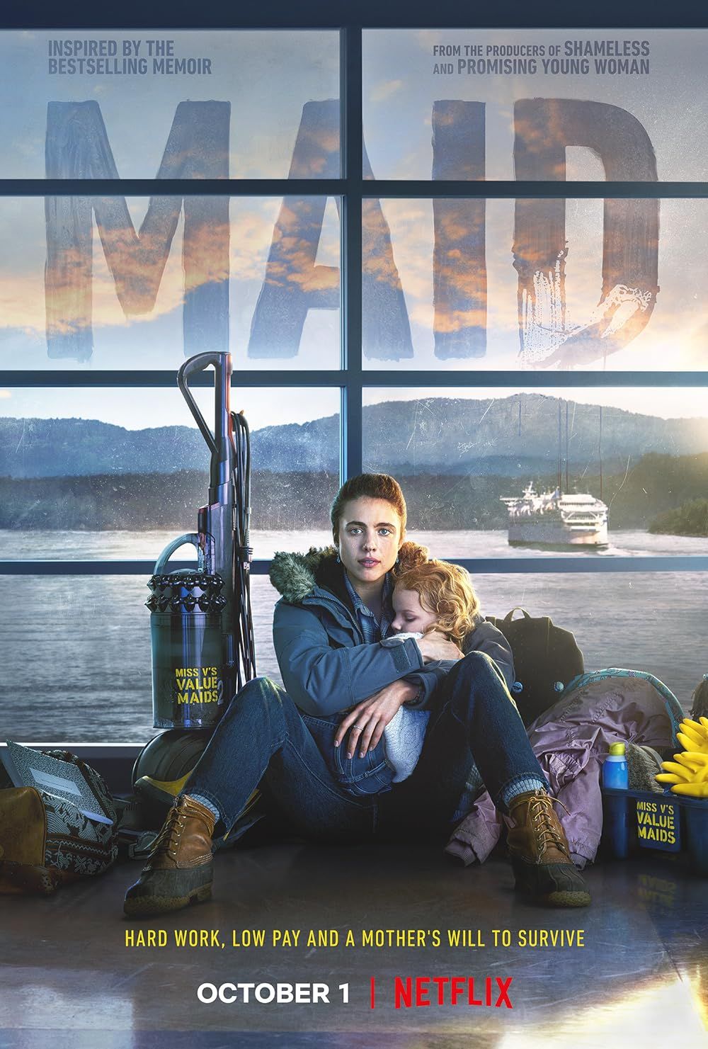 Alex and Her Daughter sit on the floor with cleaning supplies on the Maid Promo