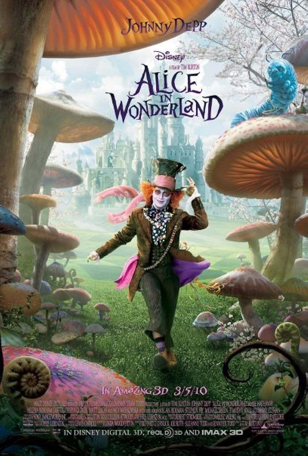 The Mad Hatter strolling through a mushroom forest in the live-action Alice In Wonderland