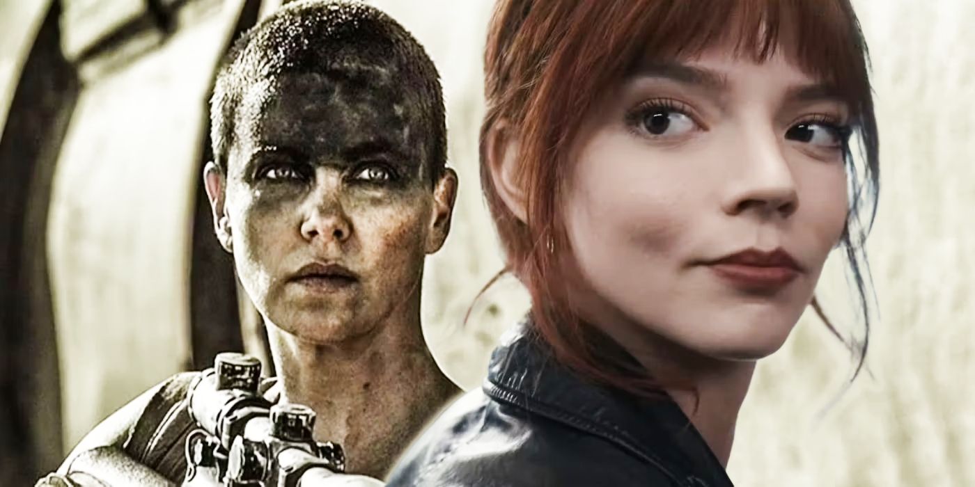 Actor Anya Taylor-Joy is seen as Furiosa (left) holding a weapon and as herself