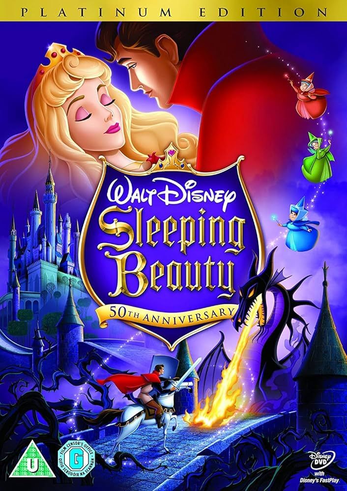 Aurora, Philip, the Fairies, and Maleficent the Dragon on Sleeping Beauty DVD cover