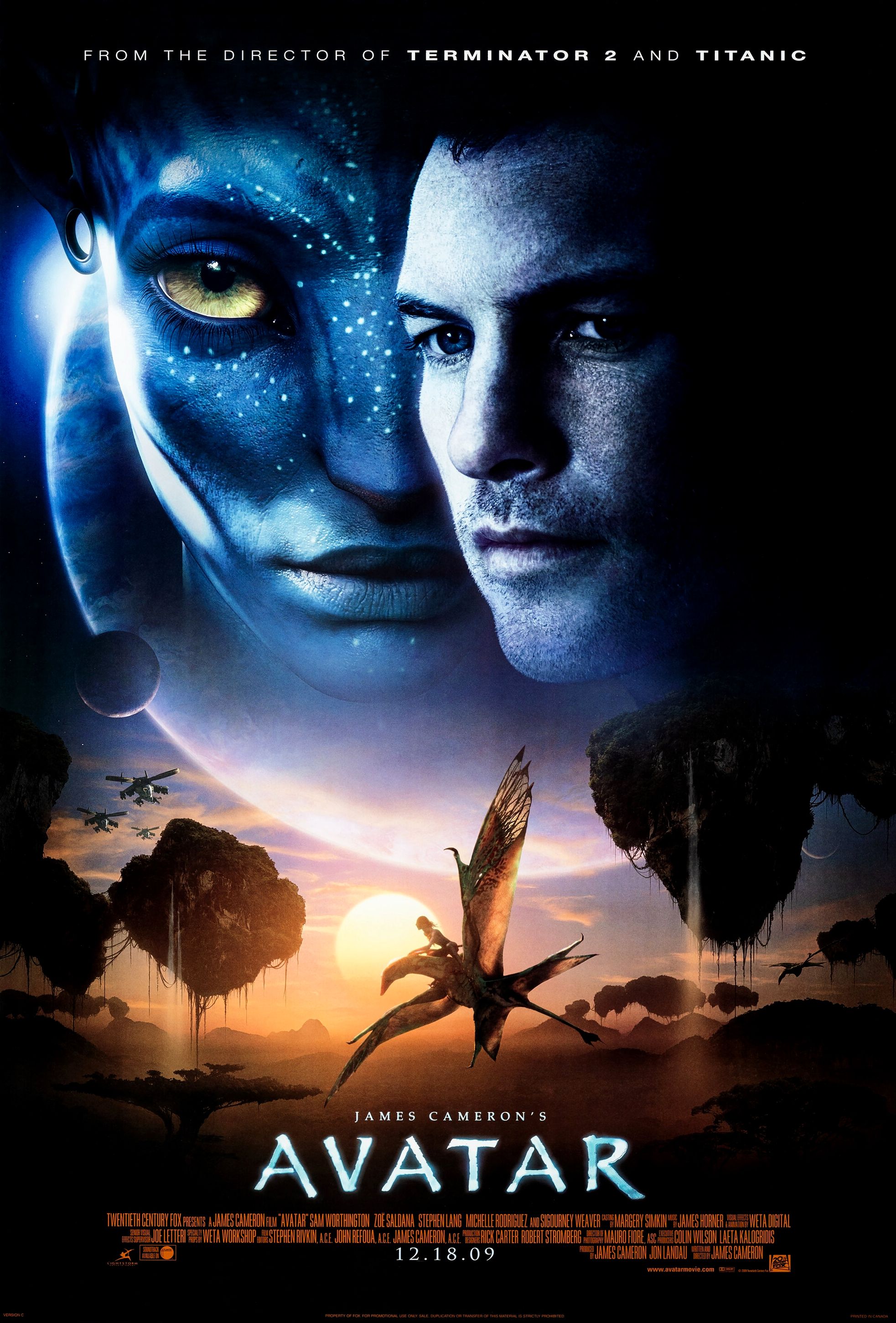 A Naavi face next to Jake Sully's face superimposed on the planet Pandora on the Avatar Official Movie Poster