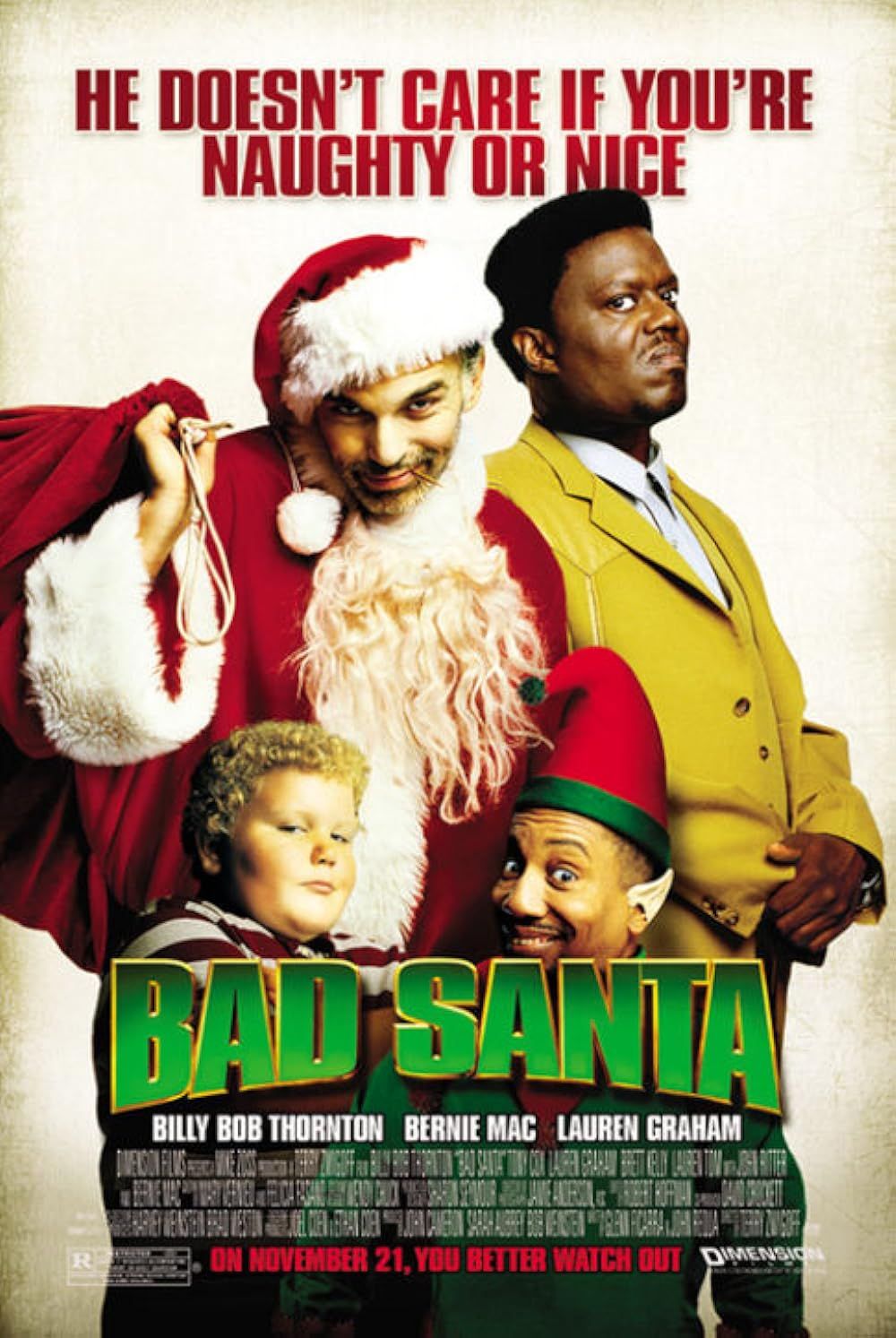 Billy Bob Thornton, Bernie Mac, Tony Cox, and Brett Kelly in Bad Santa (2003)