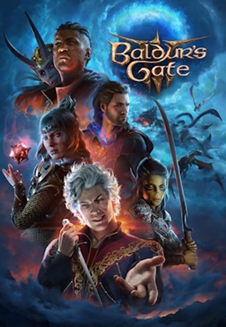 Arte da capa do videogame Baldur's Gate 3 com os personagens originais