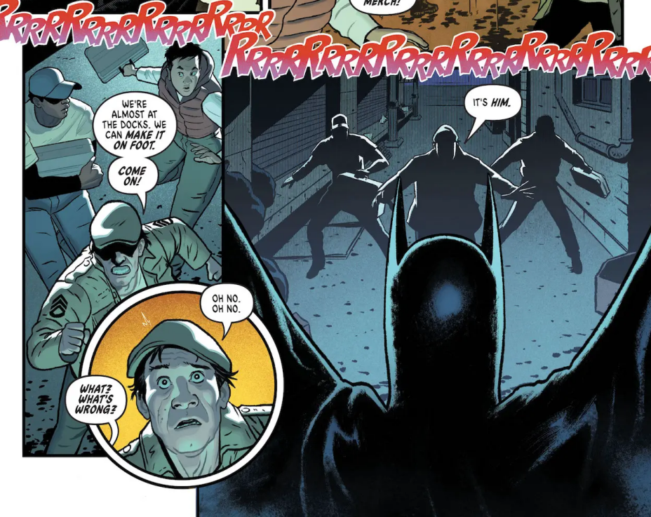 Uma imagem prévia de uma página interna de Batman 89: Echoes #1 apresentando uma imagem dinâmica da silhueta do Batman.  Arte de Joe Quinones e Leonardo Ito